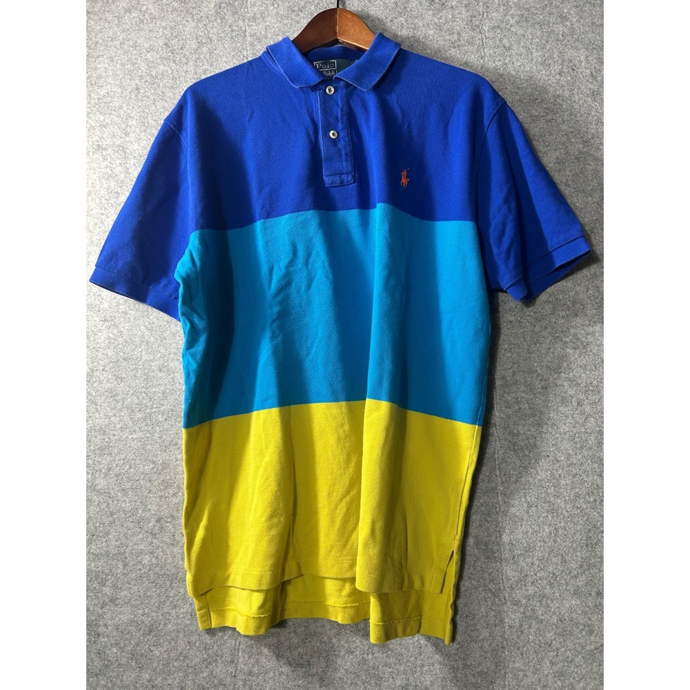 Polo Ralph Lauren Mens XL Colorblock Polo Shirt Blue Cyan Yellow Short Sleeve